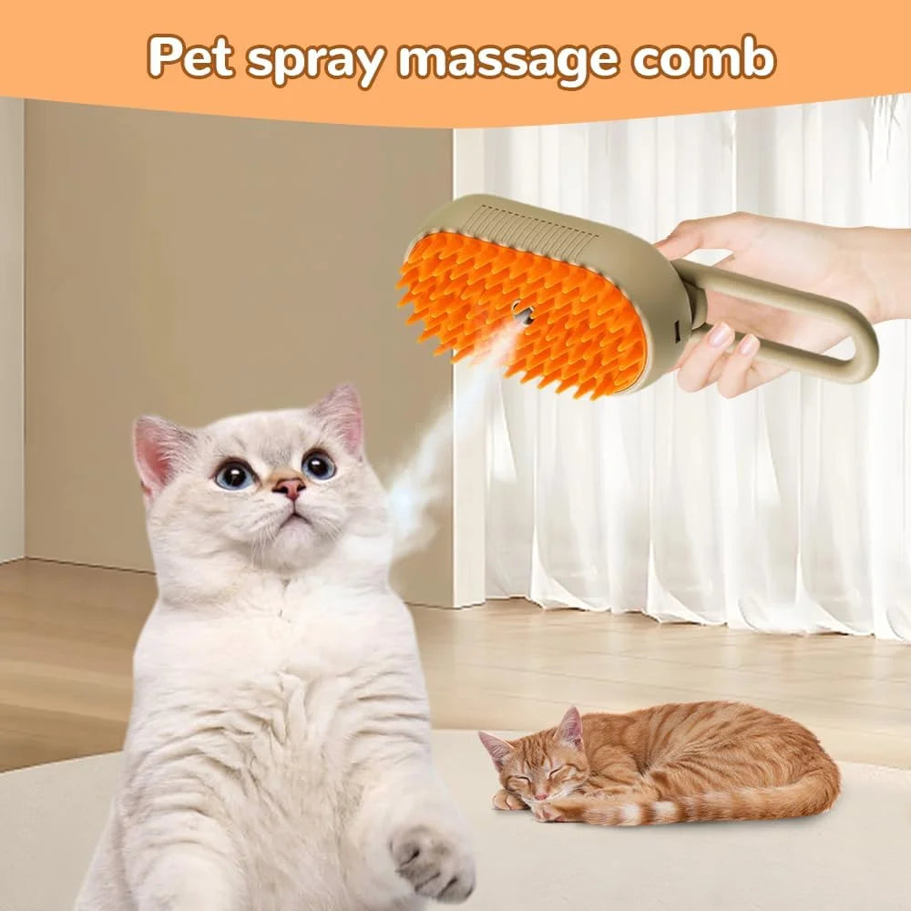 4-In-1 Rechargeable Steam Brush - Anti-Static Cat Deshedding & Massage Tool (Coffee/Cream, Cleaning/Combing Grooming Kit for Cats/Dogs)
