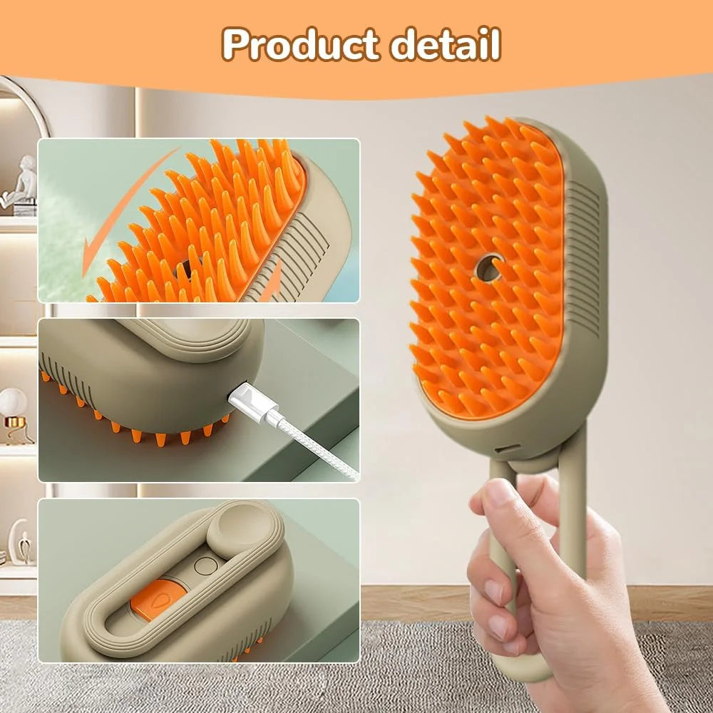 4-In-1 Rechargeable Steam Brush - Anti-Static Cat Deshedding & Massage Tool (Coffee/Cream, Cleaning/Combing Grooming Kit for Cats/Dogs)