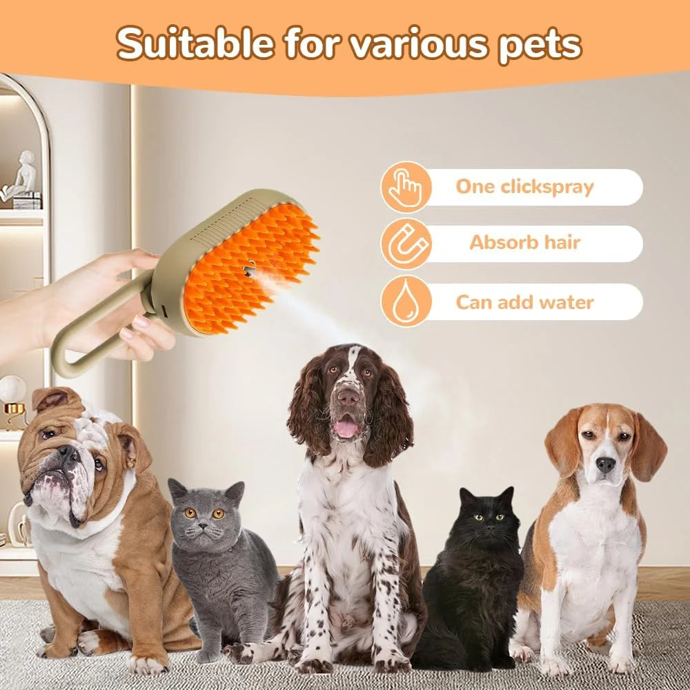 4-In-1 Rechargeable Steam Brush - Anti-Static Cat Deshedding & Massage Tool (Coffee/Cream, Cleaning/Combing Grooming Kit for Cats/Dogs)