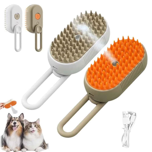 4-In-1 Rechargeable Steam Brush - Anti-Static Cat Deshedding & Massage Tool (Coffee/Cream, Cleaning/Combing Grooming Kit for Cats/Dogs)